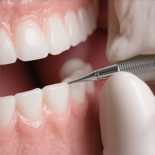 Checking the Margin of a Dental Crown A dental professional examining the margin of a crown near the gumline to ensure oral health.