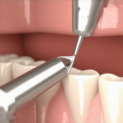 A dentist examining the base of a porcelain crown to ensure the sealant and gum margin are healthy.
