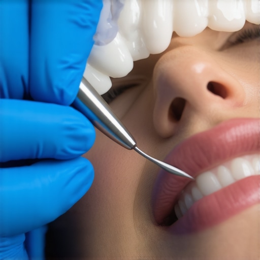 Checking the Seal of a Dental Crown A dental professional inspecting the margin of a crown to ensure the sealant is intact and healthy.