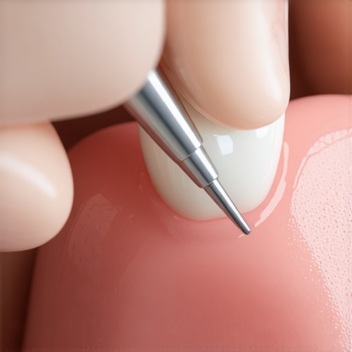 Checking the marginal seal of a dental crown Close-up of a dentist examining the junction between a dental crown and the natural tooth to check for leaks.