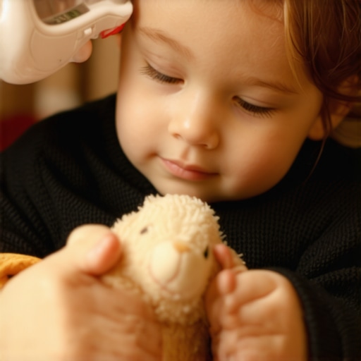 A parent checking a toddler's temperature to differentiate between teething and an infection.