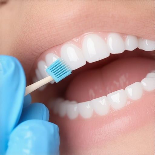 Close-up of interproximal brush cleaning metal braces brackets
