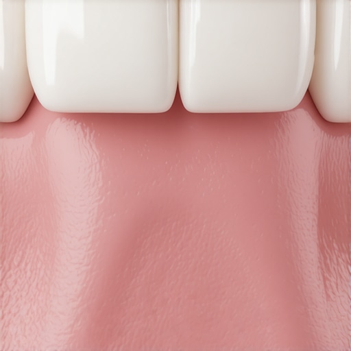 Close-up showing the junction between a porcelain dental crown and a healthy gum line.