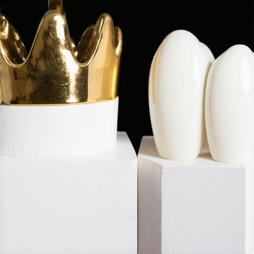 Comparing Gold and Zirconia Dental Crowns A macro comparison of gold and zirconia dental crowns on a model showing structural differences.
