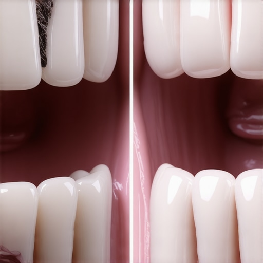 A close up view of a natural looking ceramic crown and an older crown with a dark metal line at the gums.