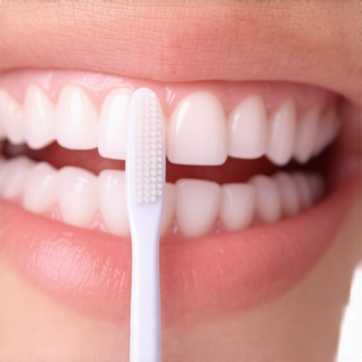 Close-up view of a manual toothbrush positioned at a 45-degree angle to the gum line for effective cleaning.