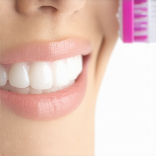 Close-up of soft toothbrush bristles on a tooth showing proper dental care.