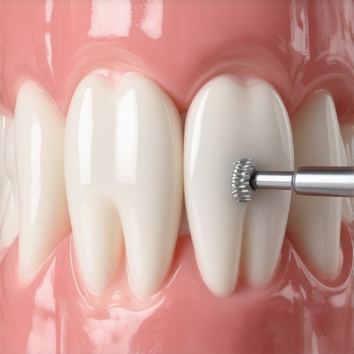 Correct C-shape flossing technique for gum protection Close-up of a dental model demonstrating proper flossing technique to avoid injury.