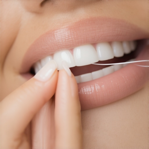 Close up of person flossing crowded teeth using the C-shape method.