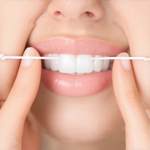 Close up showing how to hug the tooth with dental floss for better gum health