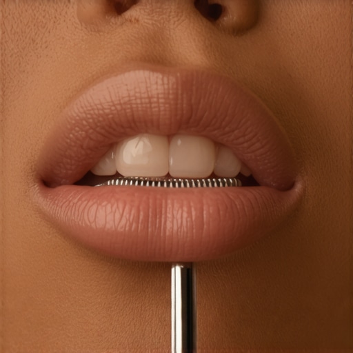 Close up of a person using a metal tongue scraper to remove biofilm from the tongue surface.