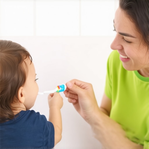 A parent applying a small smear of toothpaste to a child's toothbrush.