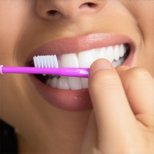 Correct interdental brush technique Close up of interdental brush cleaning between teeth