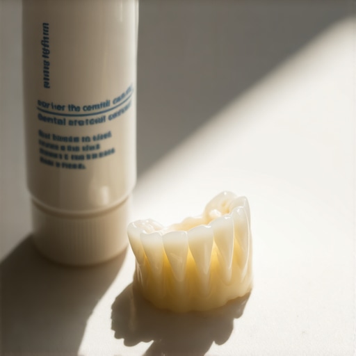 A temporary dental crown and repair cement on a counter.