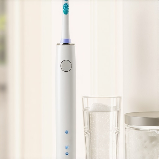 Daily Acid Neutralization Tools An electric toothbrush, a glass of water, and baking soda on a bathroom counter representing oral hygiene steps for acid reflux.