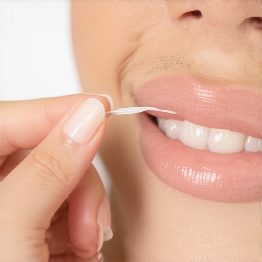 A close up of dental floss being used in a C-shape around a tooth to remove a popcorn hull from the gum line.