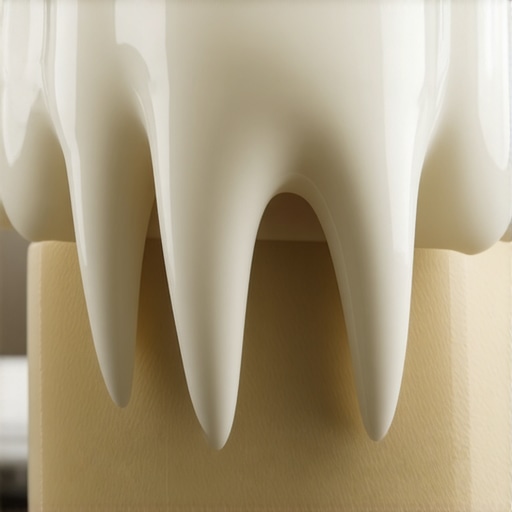 A detailed close-up of a dental crown showing the microscopic margin at the gumline.