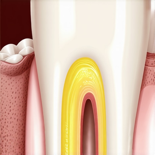 Dental Crown Margin and Plaque Accumulation Close-up illustration of bacteria accumulating at the edge of a dental crown and gum line.