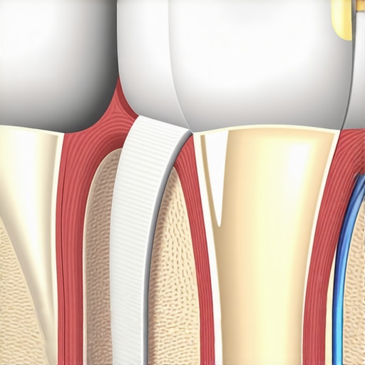 Dental Crown and Gum Recession Diagram Illustration showing how gum recession exposes the root dentin under an old dental crown.