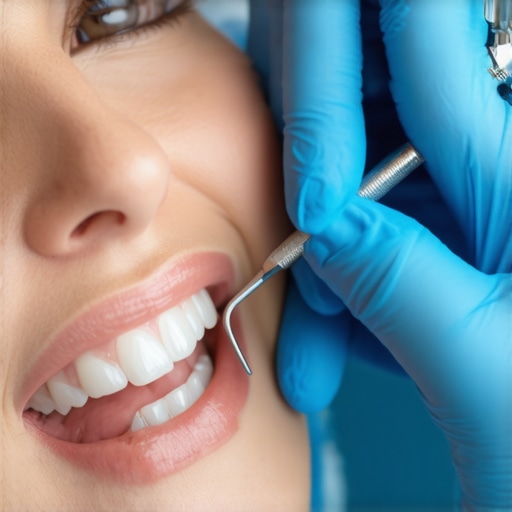 A dental professional performing scaling and root planing on a patient to remove tartar under the gum line.