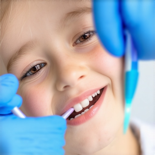 A close-up of a dentist applying protective sealant to a child's back molar.