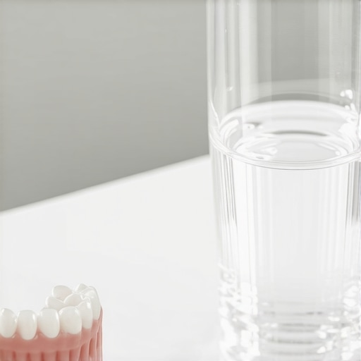 Dental night guard on bathroom counter A custom plastic dental night guard resting on a bathroom counter next to a glass of water