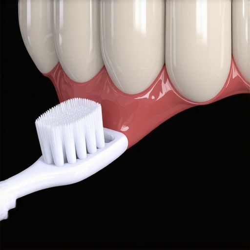 A close-up showing how to clean the margin of a dental crown with a soft toothbrush to prevent gum swelling.