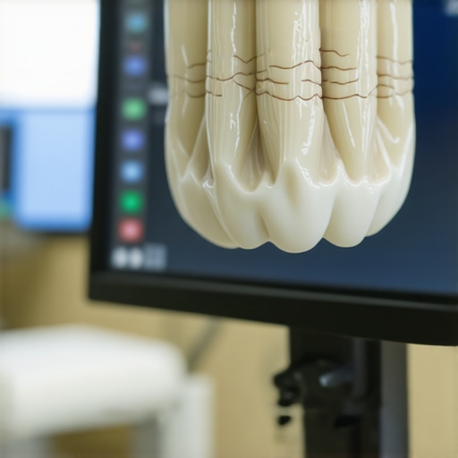 A 3D digital model of a dental crown being fitted onto a molar for a perfect bite.
