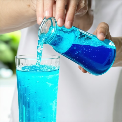 A glass of water being mixed with a blue sports drink to reduce sugar and acid concentration for dental health.