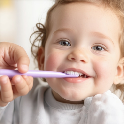 A parent demonstrating how to brush a toddler's teeth using the lap-laying position for better visibility.