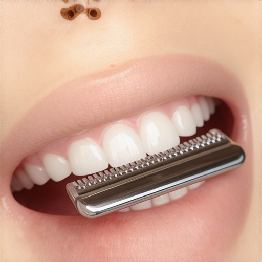 A person using a metal tongue scraper to remove white biofilm from their tongue.
