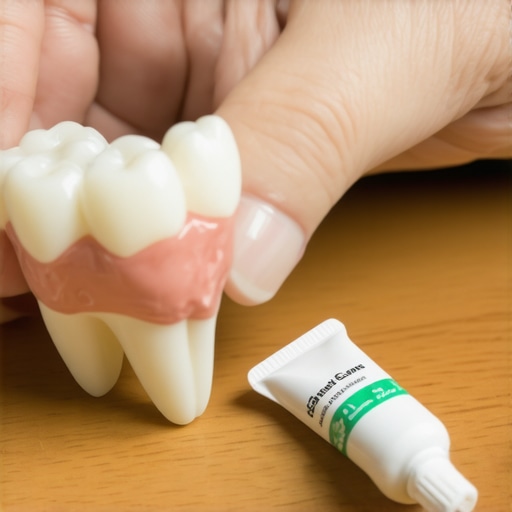 A dental crown being prepared for temporary reattachment using dental cement.