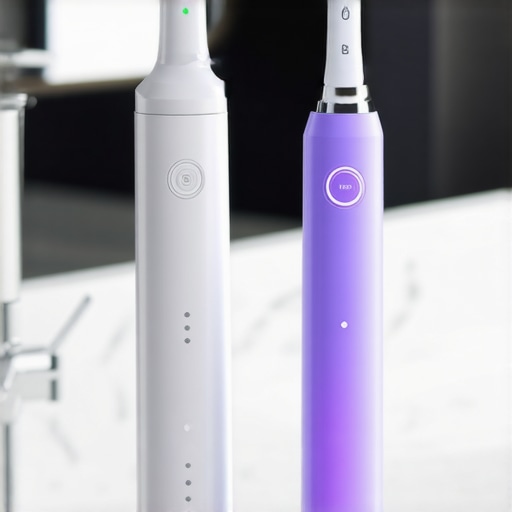 A sonic toothbrush and water flosser on a bathroom counter representing advanced home oral hygiene.
