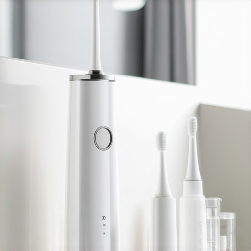 A collection of dental tools including a water flosser and night guard on a bathroom counter.