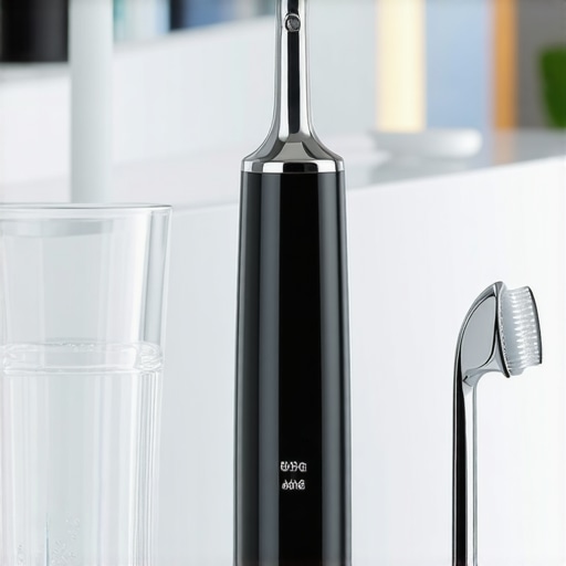 A water flosser and a stainless steel tongue scraper on a bathroom counter for advanced oral hygiene.