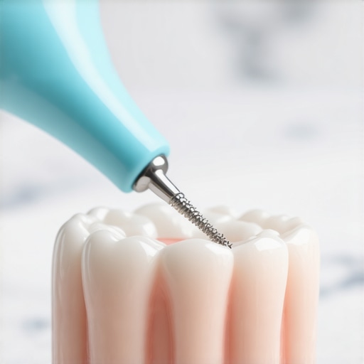 Interdental brush cleaning a dental crown margin and gums.