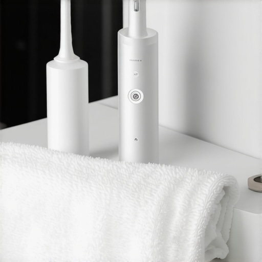 Essential Tools for Dental Crown Maintenance Water flosser and night guard on a bathroom counter representing oral health maintenance.