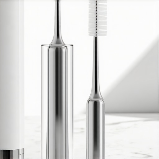 Interdental brushes and a water flosser on a bathroom counter for cleaning crowns and retainers.