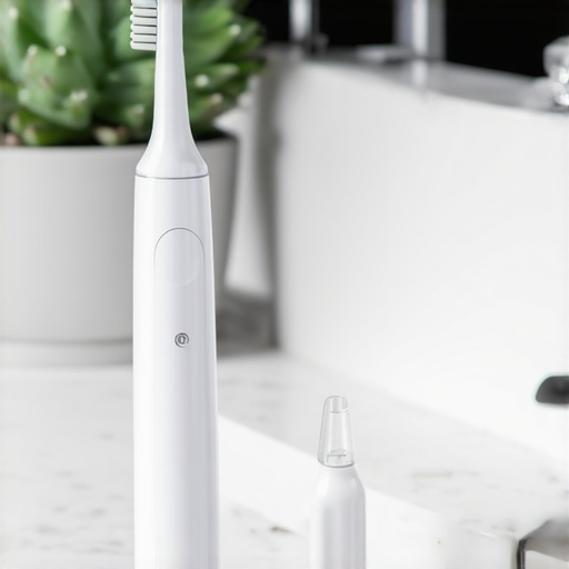 Electric toothbrush and water flosser on a bathroom counter representing home oral care.