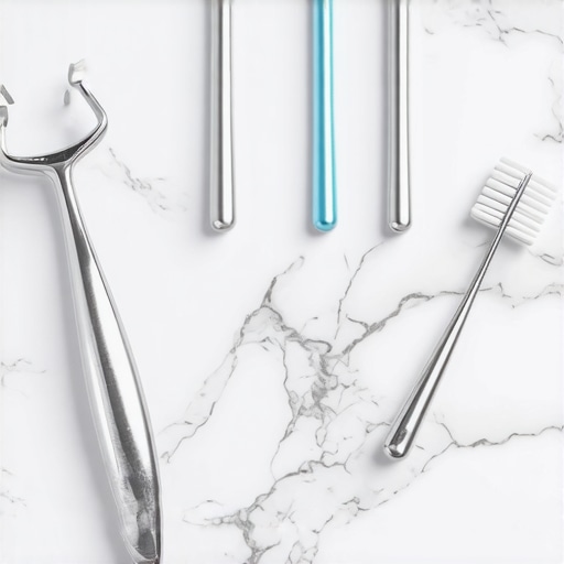 Essential Tools for Managing Keto Breath A metal tongue scraper and interdental brushes on a bathroom counter for oral hygiene.