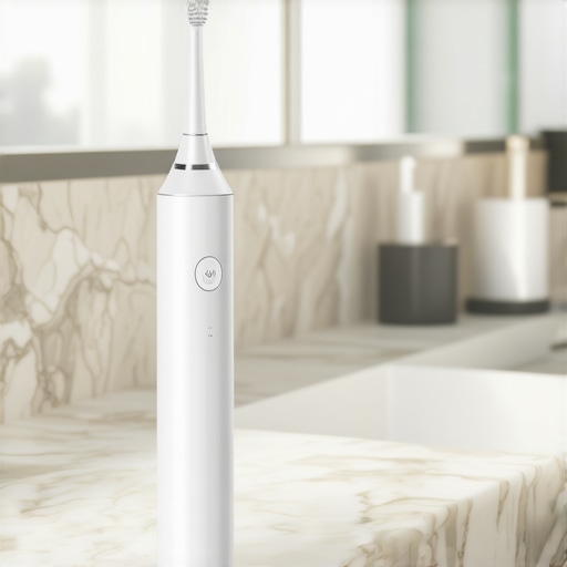 Essential Tools for Professional Home Dental Care Close up of an electric toothbrush and water flosser on a bathroom counter