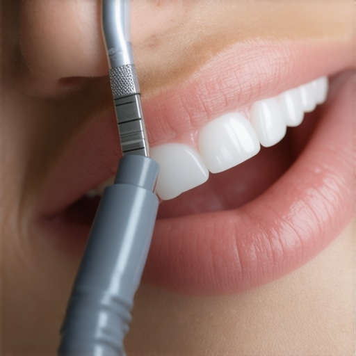 Examining the margins of a dental crown Close-up of a dentist checking for leaks at the margin of a dental crown