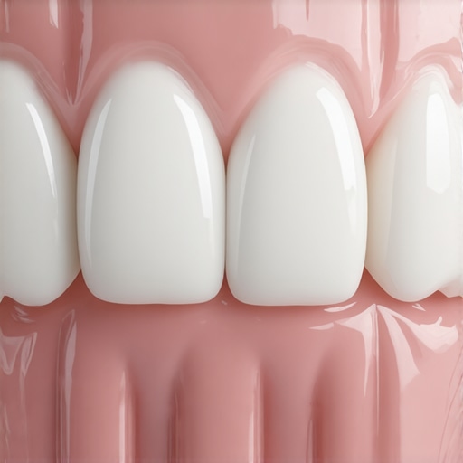 Close-up of a porcelain dental crown margin at the gum line showing professional restoration work.
