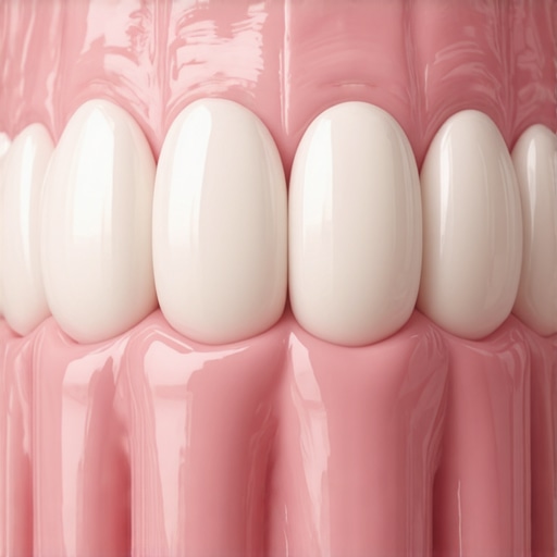 Close up of a perfect dental crown and healthy gums highlighting advanced oral care.