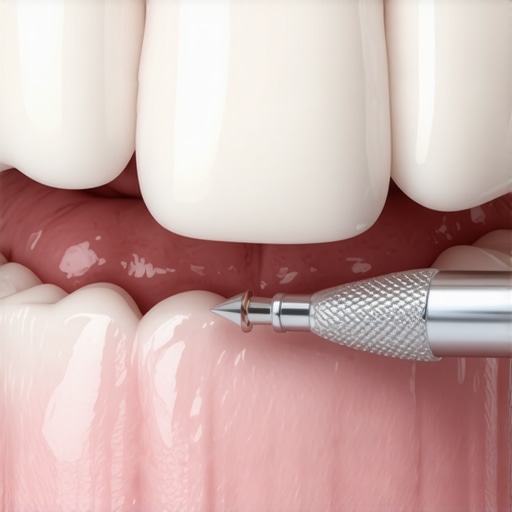 Expert inspection of dental crown margins Close-up of a professional dental crown inspection showing the margin at the gum line.