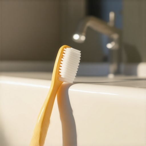 A toothbrush with a small amount of paste on a clean sink with the water off