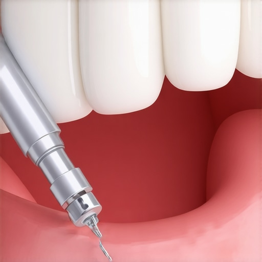 Gentle Maintenance of Dental Crown Margins Close-up of a professional dental cleaning on a ceramic crown focusing on the gum line.