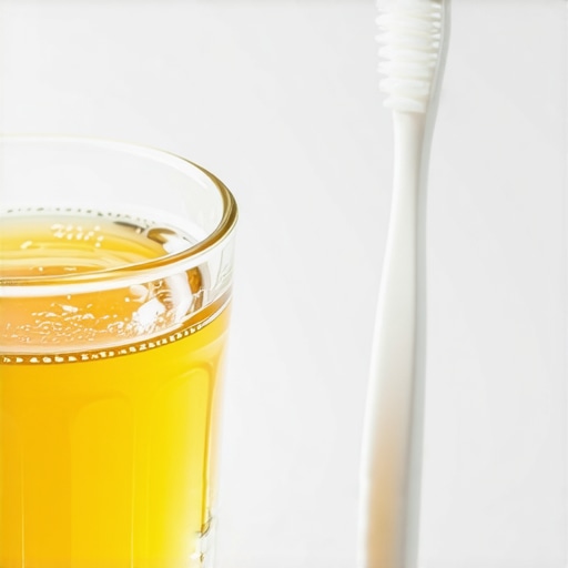A glass of water, honey, and a soft toothbrush for healing a burned palate.