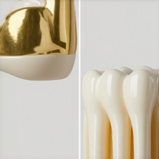Comparison of gold and zirconia crowns on a dental model to show material differences.