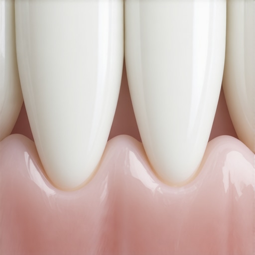 A close-up view of a dental crown and healthy gum line showing proper margin seal.